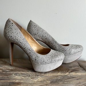 Gianni Bini women’s Sz 7.5 sparkly silver rhinestone platform pumps high heels